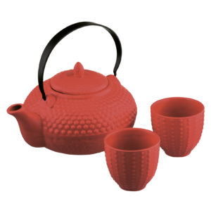Oriental Hobnail Teapot & 2 Cups Shojohi Red